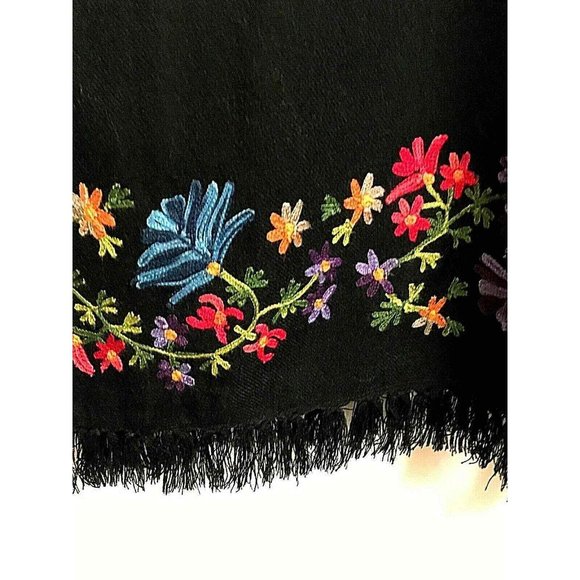 Vintage Black Midi Skirt XL Crewel Floral Embroidery Border Fringed Hem - Picture 4 of 8